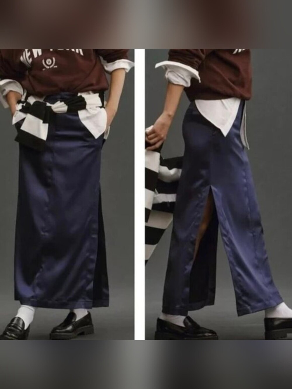 By Anthropologie Sateen Trouser Maxi Skirt Navy Blue Size 2 NWOT $60